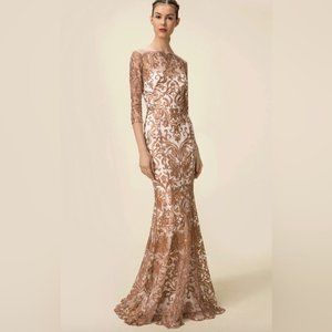 MARCHESA NOTTE white gown with gold embroidered tulle overlay
